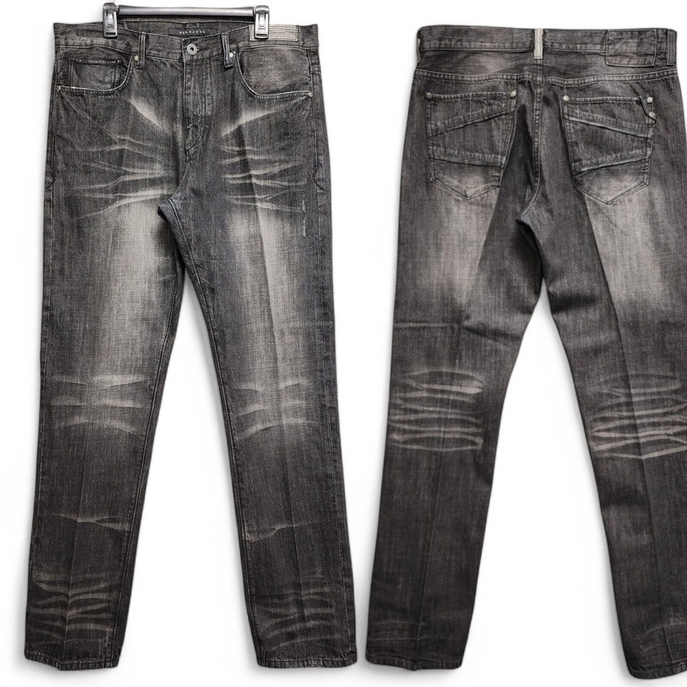 Sean John Jeans Men's 36x36 Black Slim Straight Whiskered Fade Honeycomb Denim